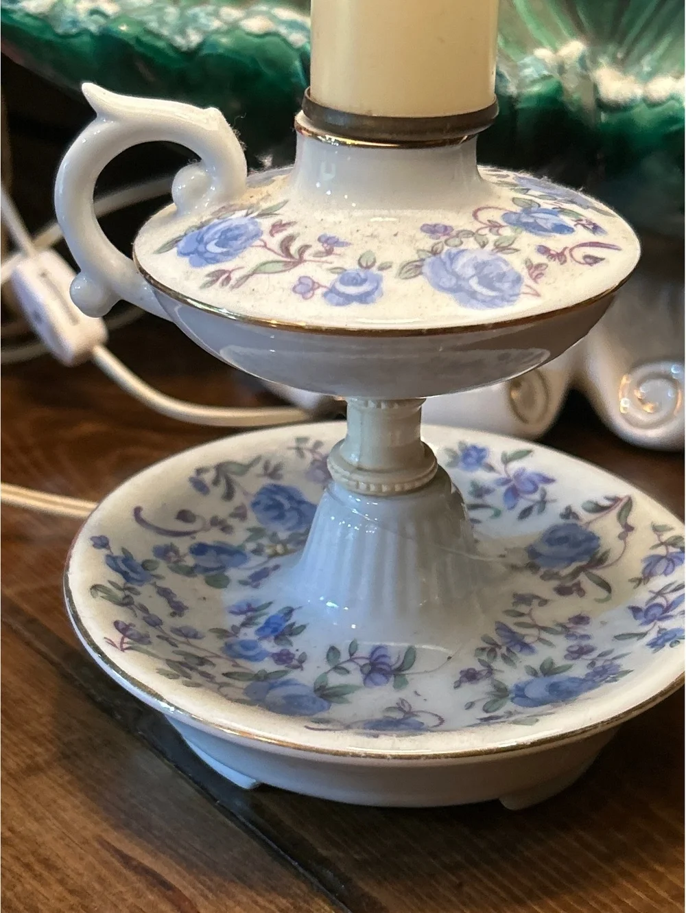 Vintage Ceramic Floral Table Lamp with Purple Shade